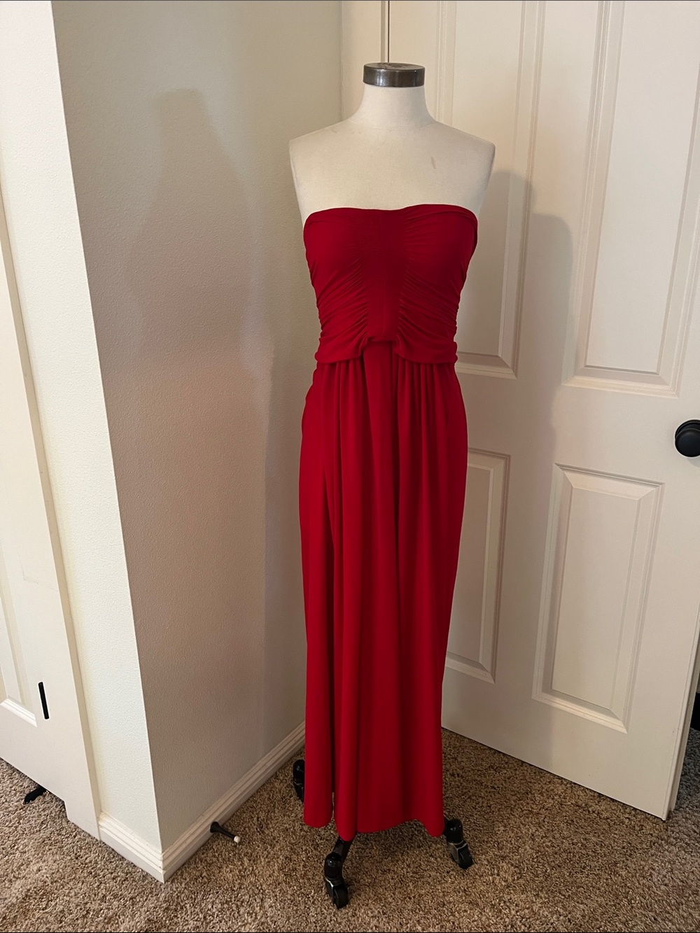 Norma Kamali Strapless Red Maxi jumpsuit with Rushing Bodice